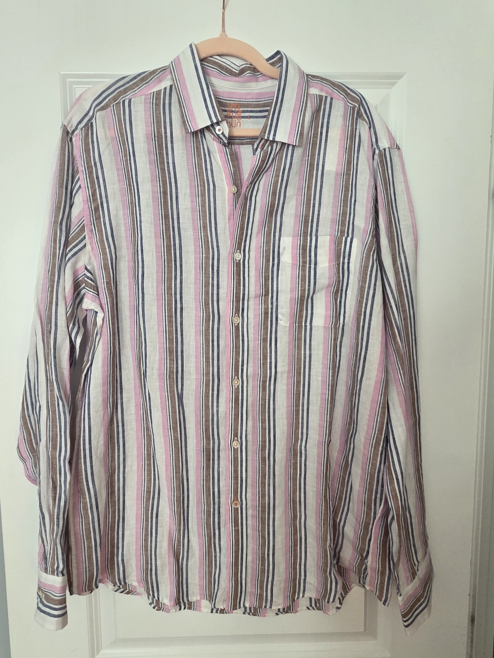 New J. McLaughlin Pink White Brown Blue Striped Linen Button-Down Shirt